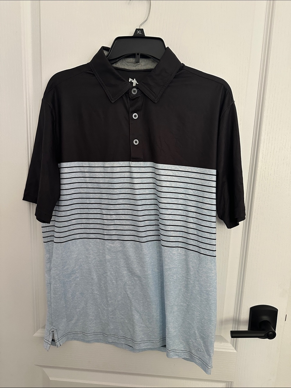 Men's Black and Light Blue Striped Performance Polo